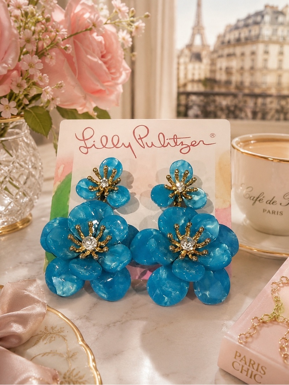 Lilly Pulitzer womens Blue Flower Statement Earrings acrylic cute gift summer